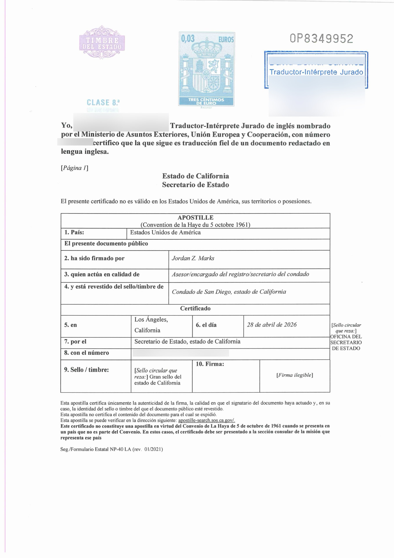 Redacted Spanish sworn translation of a California apostille