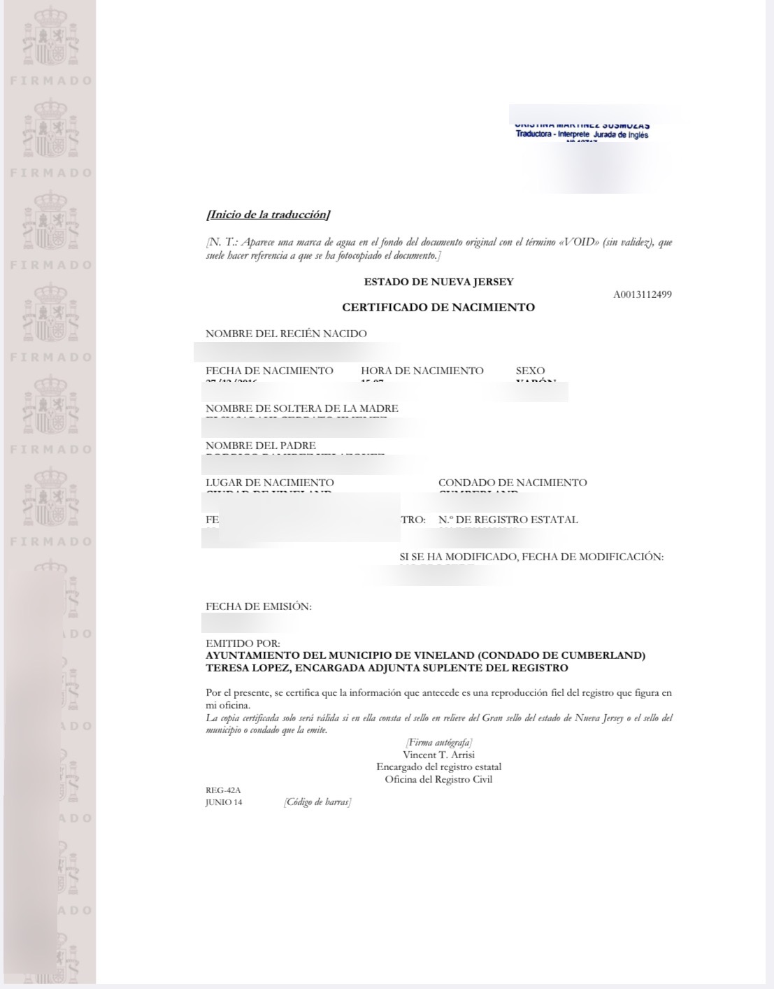 Redacted Spanish sworn translation of a New Jersey birth certificate