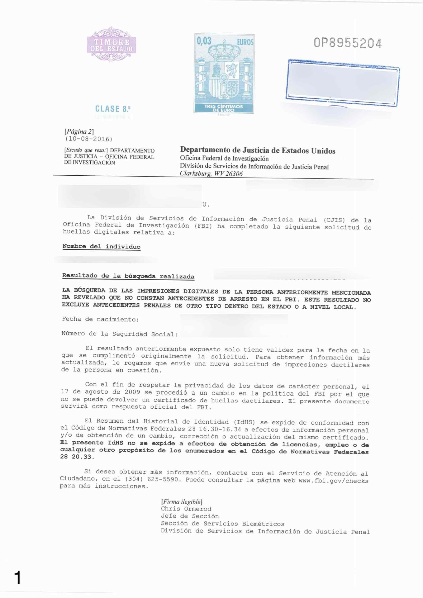 Redacted Spanish sworn translation of an FBI background check