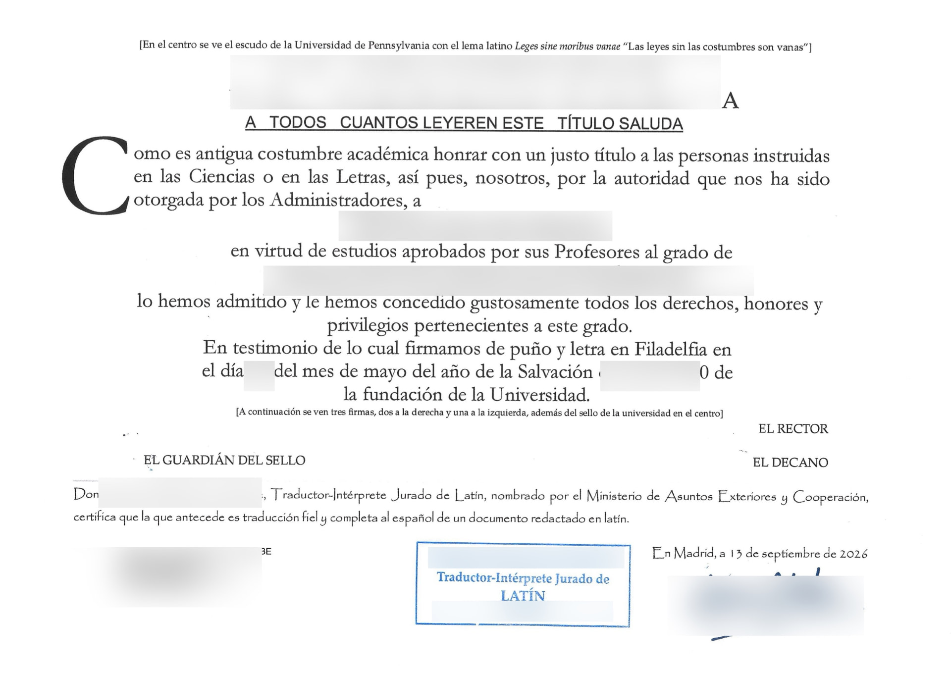 Redacted Spanish sworn translation of a university diploma