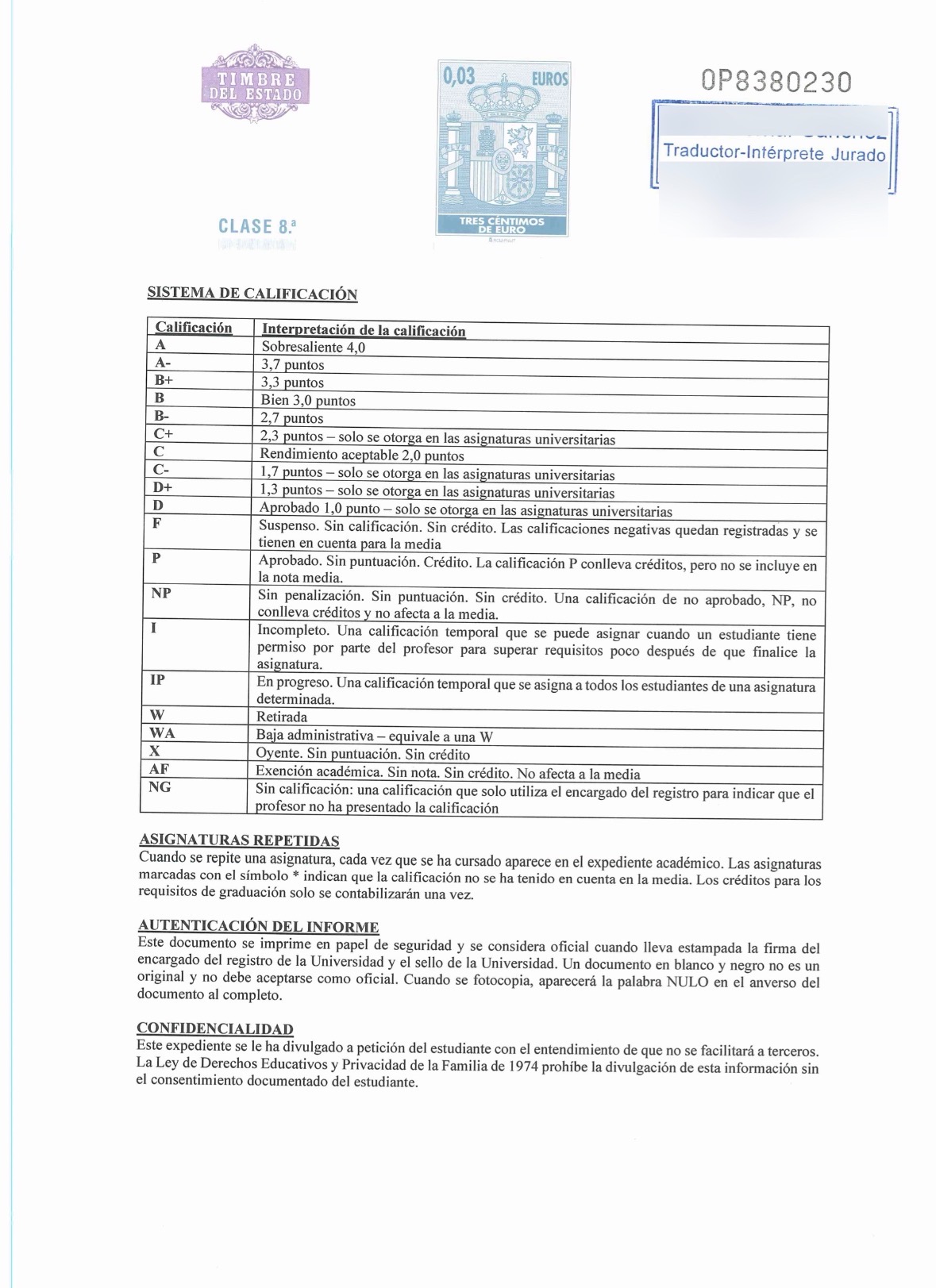 Spanish sworn translation of an academic transcript grading scale