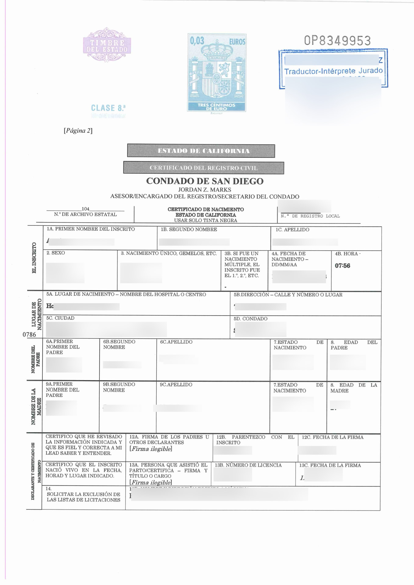 Redacted Spanish sworn translation of a marriage certificate