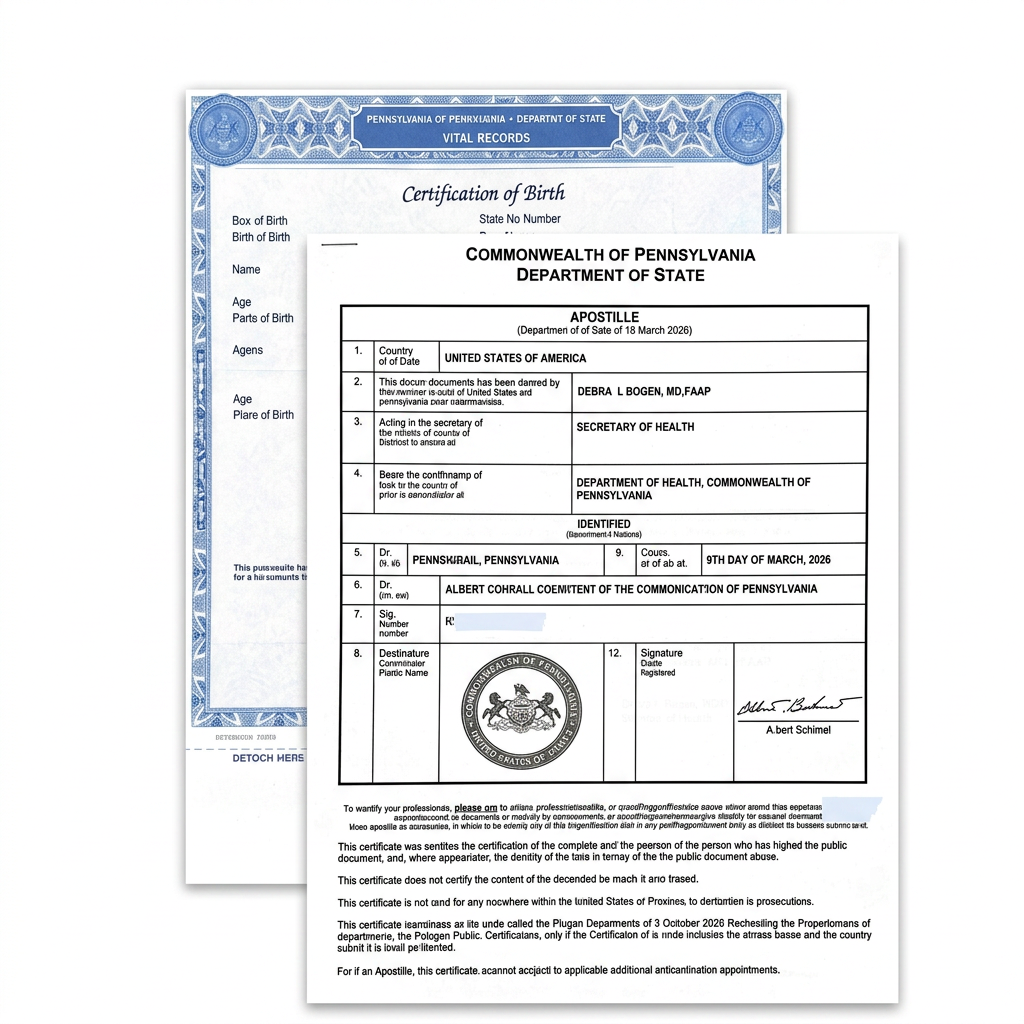 Pennsylvania birth certificate with Commonwealth of Pennsylvania apostille