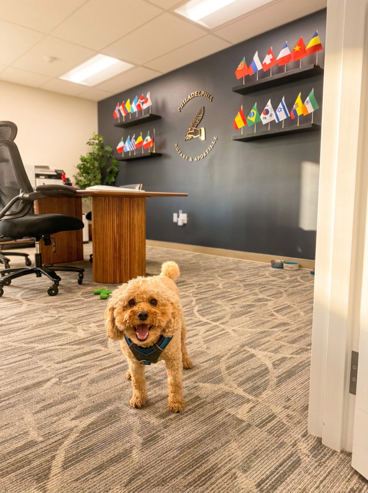 Biscuit, the office dog at Philadelphia Notary & Apostille, standing in front of the firm's gold logo wall