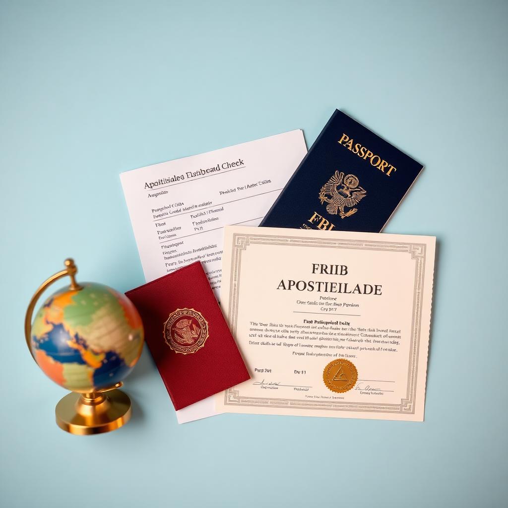 US passport, FBI background check and apostille certificate beside a small globe