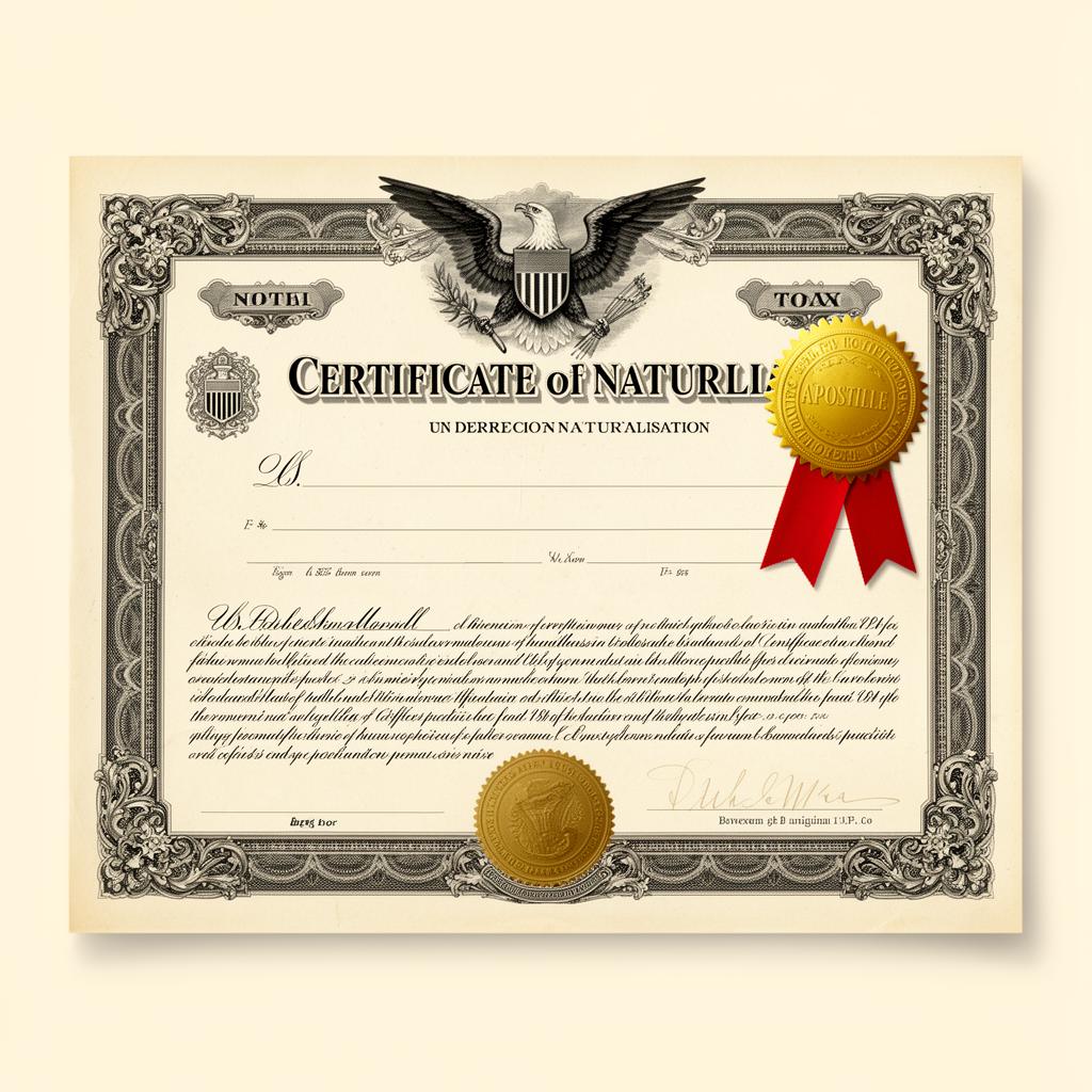 US Certificate of Naturalization with apostille and gold seal