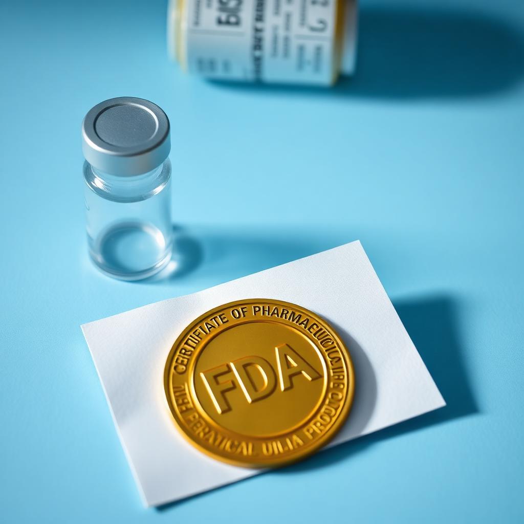 Pharmaceutical vial and FDA Certificate of Pharmaceutical Product with gold seal