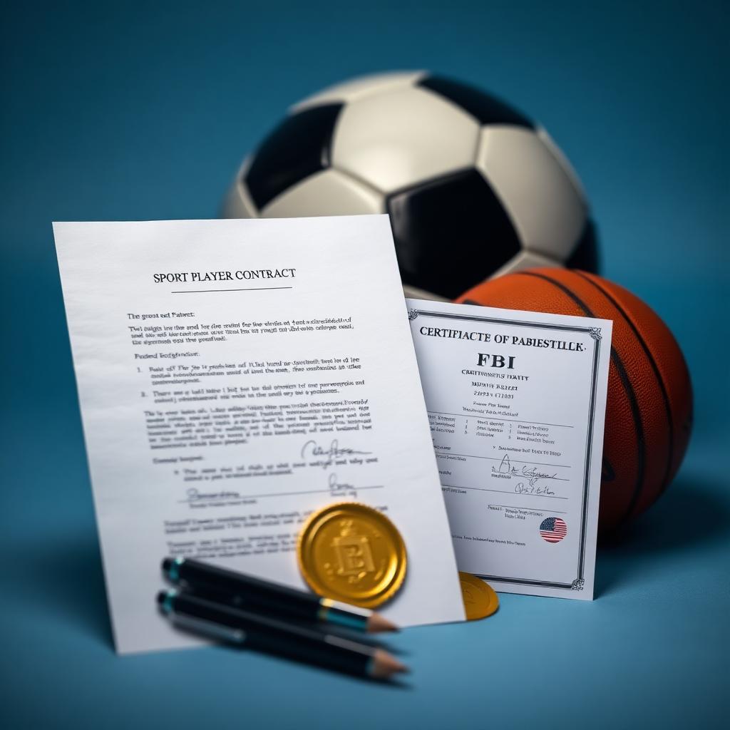 Sports player contract document with FBI apostille certificate and gold seal beside a soccer ball and basketball