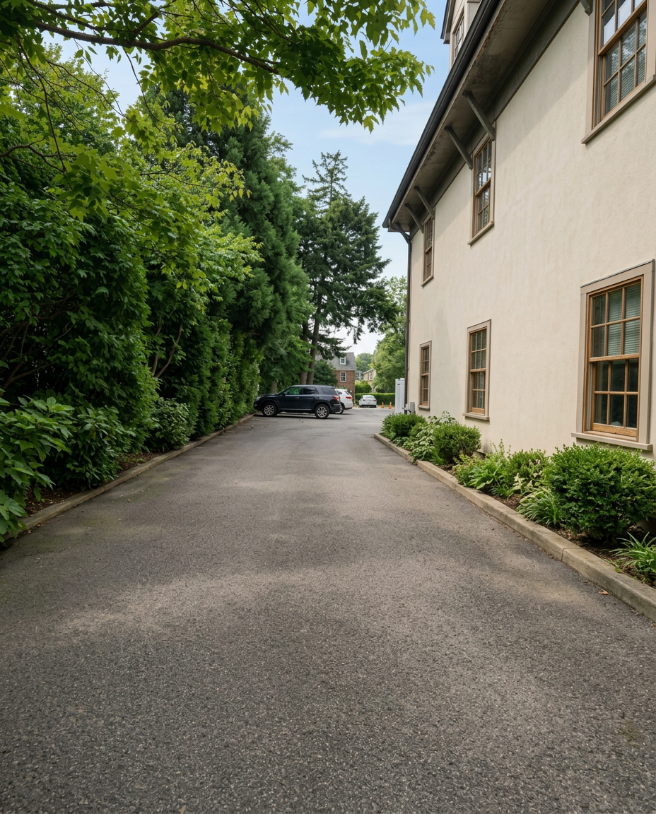Driveway on the left side of the building leading to the rear parking lot
