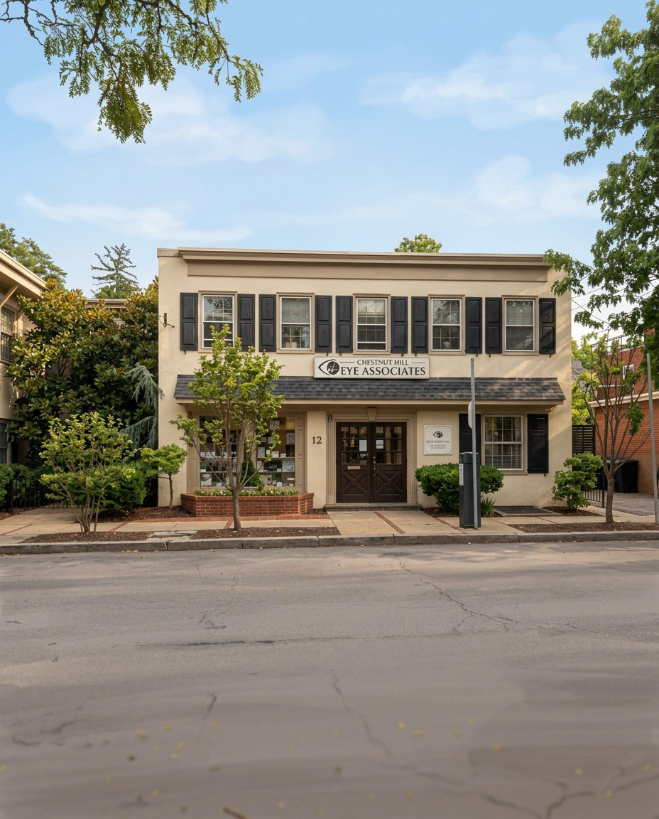 Front-facing Chestnut Hill Eye Associates building at 12 E Highland Avenue