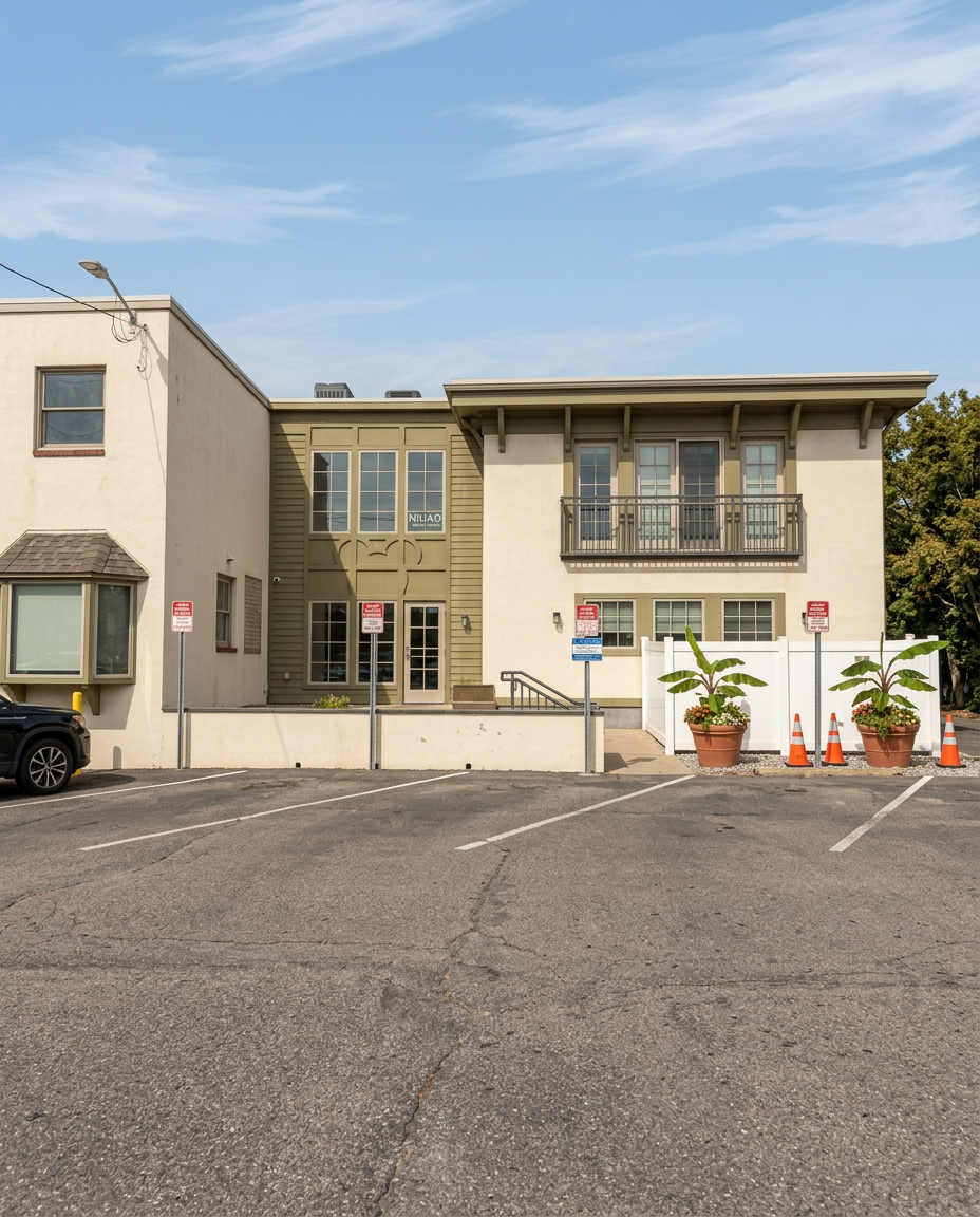 Rear building and entrance inside the parking lot at 12 E Highland Avenue