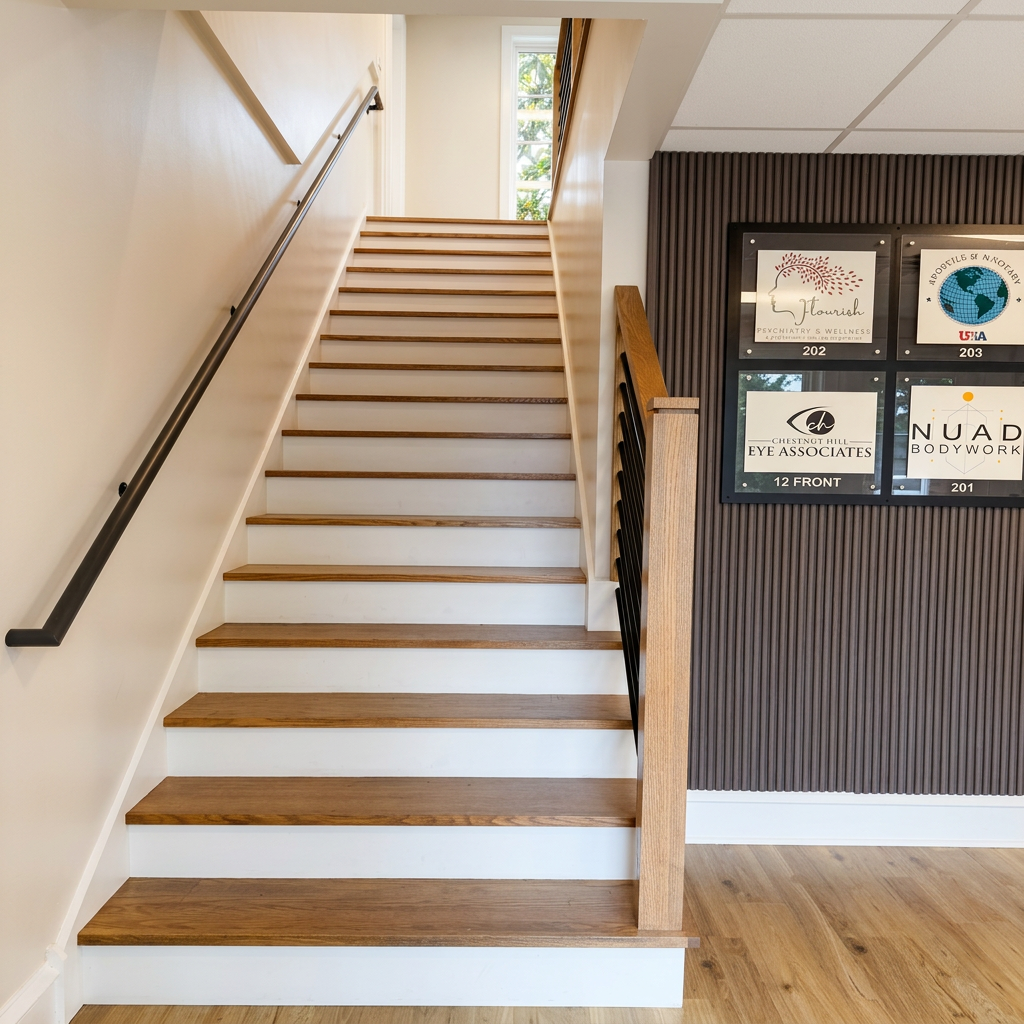 Interior staircase leading from the rear entrance to the second-floor suites