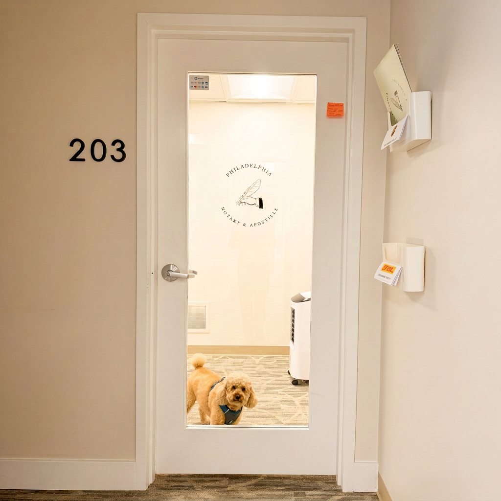 Biscuit at the Philadelphia Notary and Apostille office door marked Suite 203